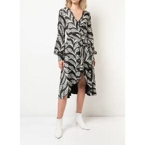 PatBO Leaf Print Wrap Midi Dress Women 12 Black White High Low Lace Trim Boho